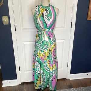 Jade Melody Tam Green Halter Maxi Dress Tie Belt Ruffle Bottom Size Small